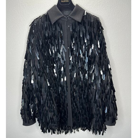 Valentino Garavani Black Sequin Fringe Shirt Jacket Medium - Picture 8 of 13